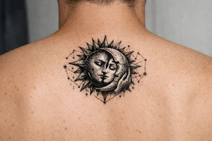 celestial sun and moon embrace with constellation patterns tattoo idea
