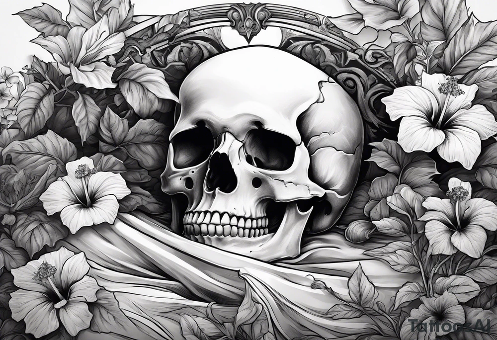 a  female skeleton of bones laying in a bed surrounded by hibiscus flower. tattoo idea