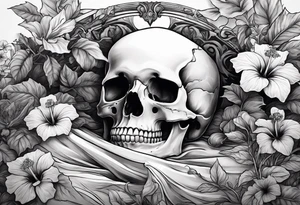 a  female skeleton of bones laying in a bed surrounded by hibiscus flower. tattoo idea