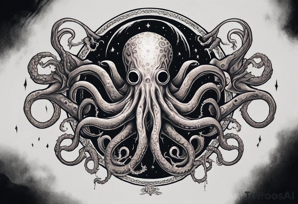 The tattoo features a cosmic and mysterious scene inspired by Lovecraft's works. At the center of the forearm, envision a detailed Lovecraftian creature surrounded by an eerie atmosphere. Tentacles extend down, wrapping around the wrist and ascending along the hand. Dark shading adds depth, and iconic Lovecraftian symbols or runes could intertwine with the creature. Consult with a professional tattoo artist to tailor the design to your preferences and ensure it fits well on your forearm and hand. tattoo idea