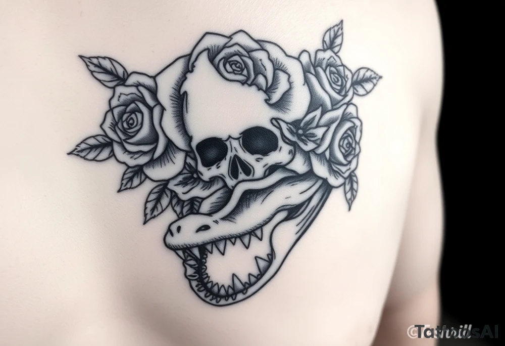 .
dreamy gothic bloom vibe, rose-heavy with dark edges. Imagine swapping the face for your skull, add the gator's tail curling up from the bottom like it's guarding the petals. has the blackwork feel—clean lines, thorny roses, easy to layer an alligator jaw underneath. tattoo idea