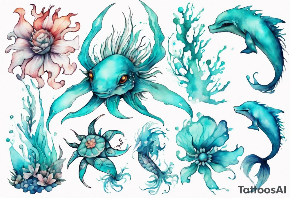 a beautiful feminine turquoise seas creature tattoo idea