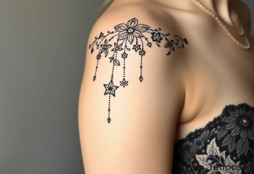 Vintage floral lace and delicate jewelry inspired with draping chains and 5 pointed crystal star charms. Make it cover the entire upper arm/shoulder please tattoo idea