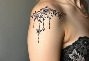 Vintage floral lace and delicate jewelry inspired with draping chains and 5 pointed crystal star charms. Make it cover the entire upper arm/shoulder please tattoo idea