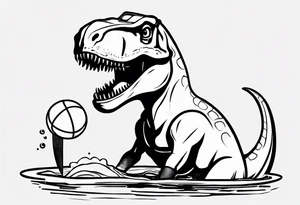 happy t rex in a pool wearing water polo cap with goal tattoo idea