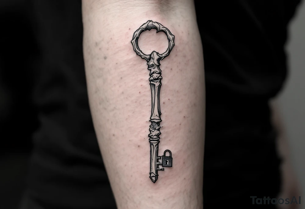 A surreal design where the key is carved from a skeletal finger bone and the lock placed next to it. The style is fine line with soft shading in muted gray and bone white, accented with light shadowing and subtle black ink details to give it a haunting yet elegant vibe. tattoo idea