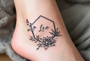 Leo sign, larkspur and water lily surrounded by a hexagon tattoo idea