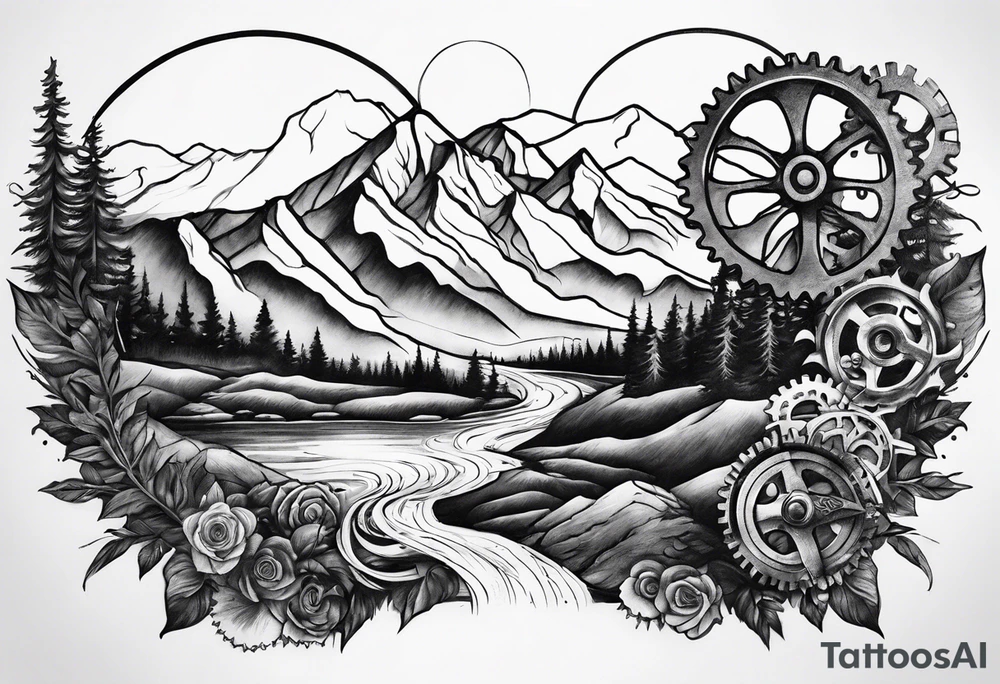 gears, mountains , streams/ rivers tattoo idea