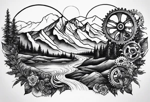 gears, mountains , streams/ rivers tattoo idea