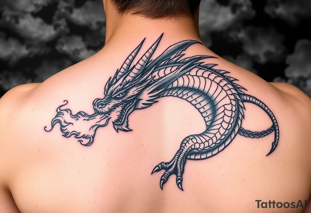 fierce dragon breathing iridescent fire against stormy skies tattoo idea