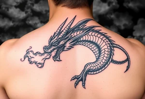 fierce dragon breathing iridescent fire against stormy skies tattoo idea