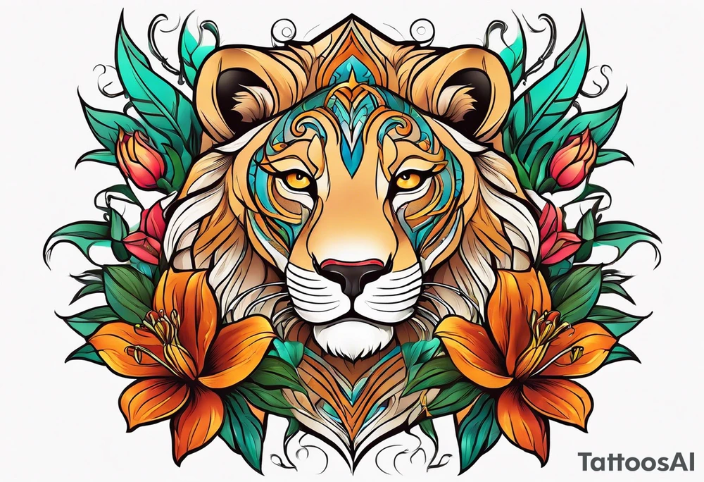 Tribal lioness with lilies tattoo idea