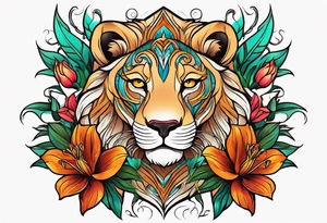Tribal lioness with lilies tattoo idea