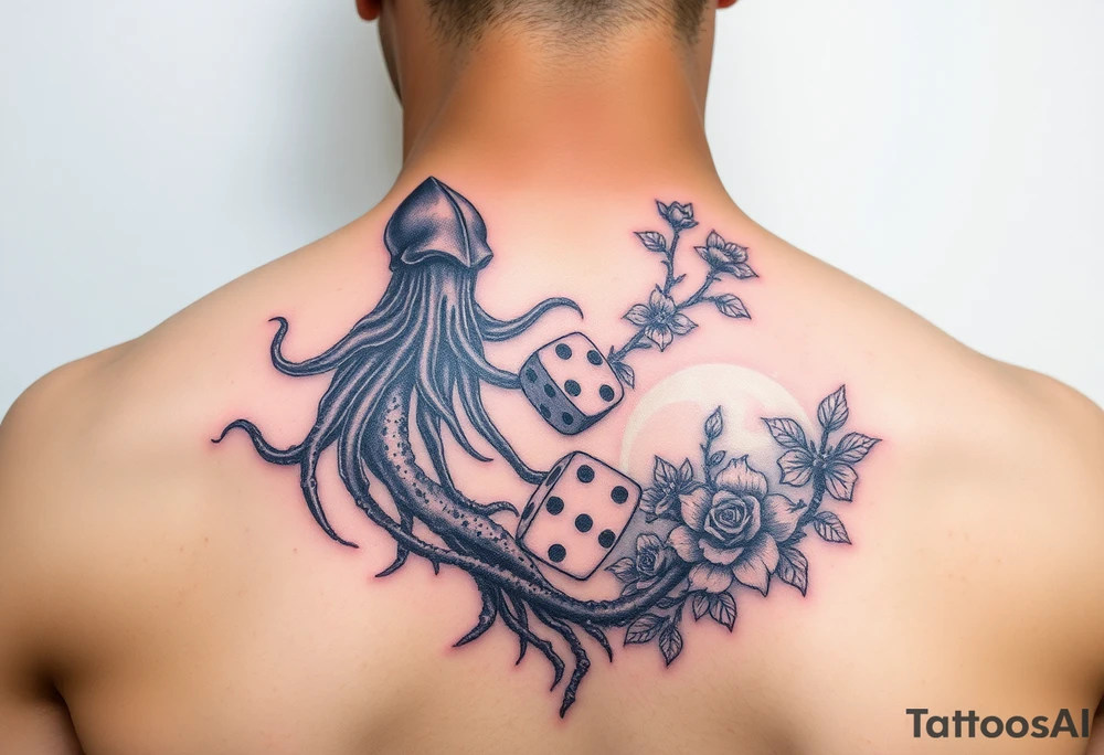 squid and knight combined with tree roots, cherry blossoms and roses rolling dice tattoo idea