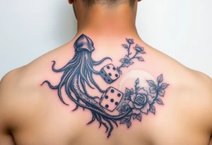 squid and knight combined with tree roots, cherry blossoms and roses rolling dice tattoo idea