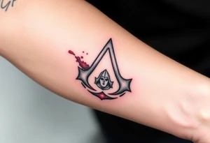 Assassins Creed emblem with Ezio inside and blood splashes incorporated into logo. tattoo idea