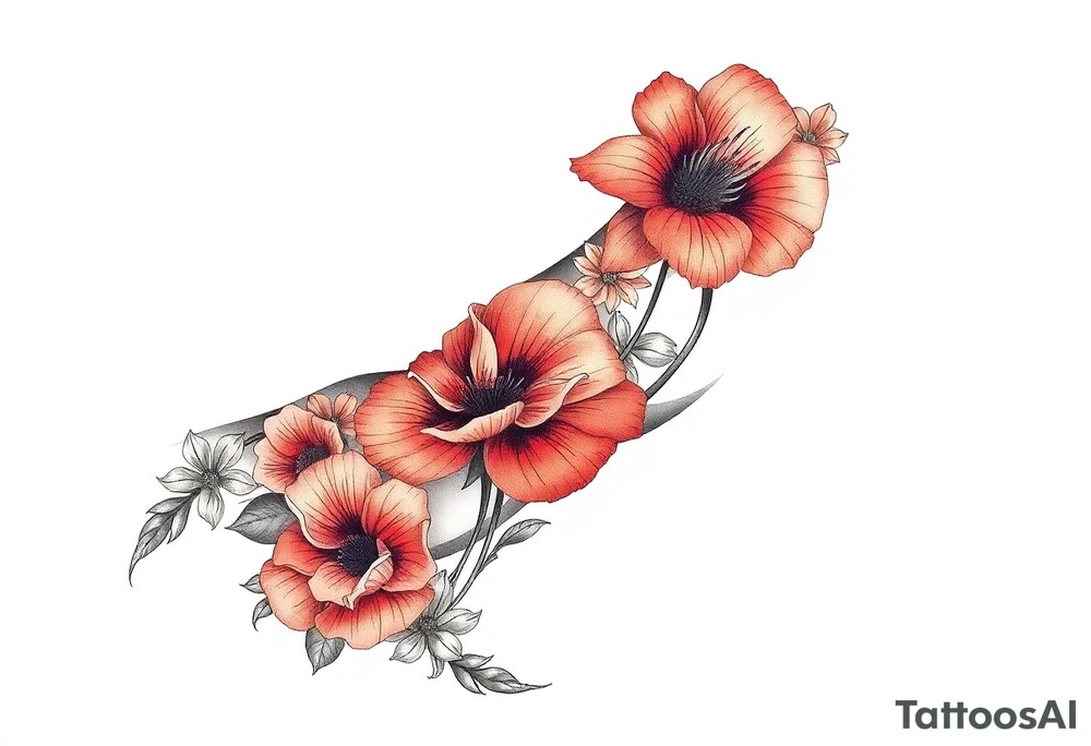 Fore arm tattoo in the neo american traditional style. I want to incorporate a few different flowers: poppy's, morning glorys, narcisus in full color tattoo idea