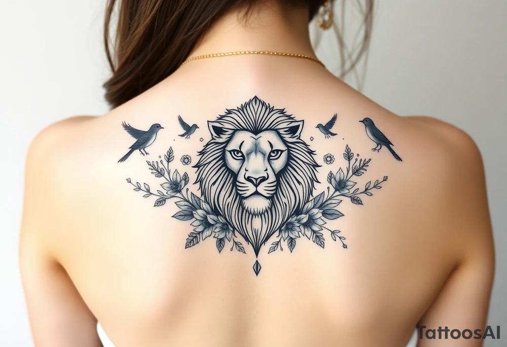 powerful majestic lion with a crown, surrounded by floral ornaments and birds tattoo idea