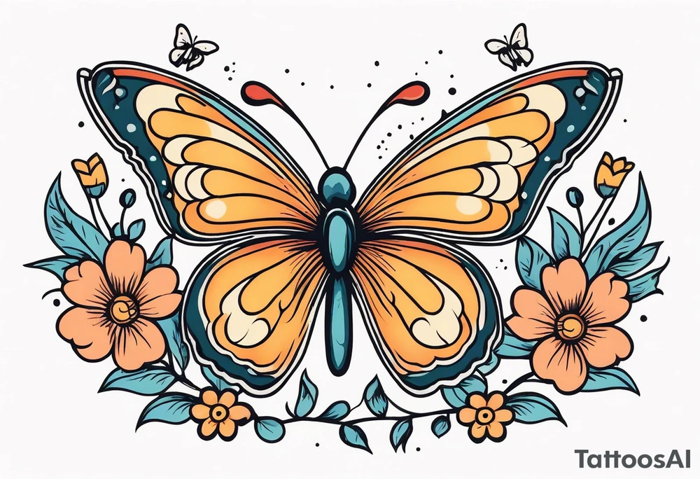 butterfly 
with flowers around it vintage old school traditional tattoo idea