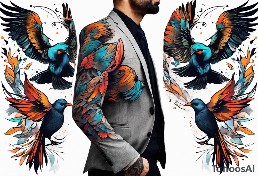 Sleeve tattoo silhouette of a man wearing a suit morphing into a flock of birds tattoo idea