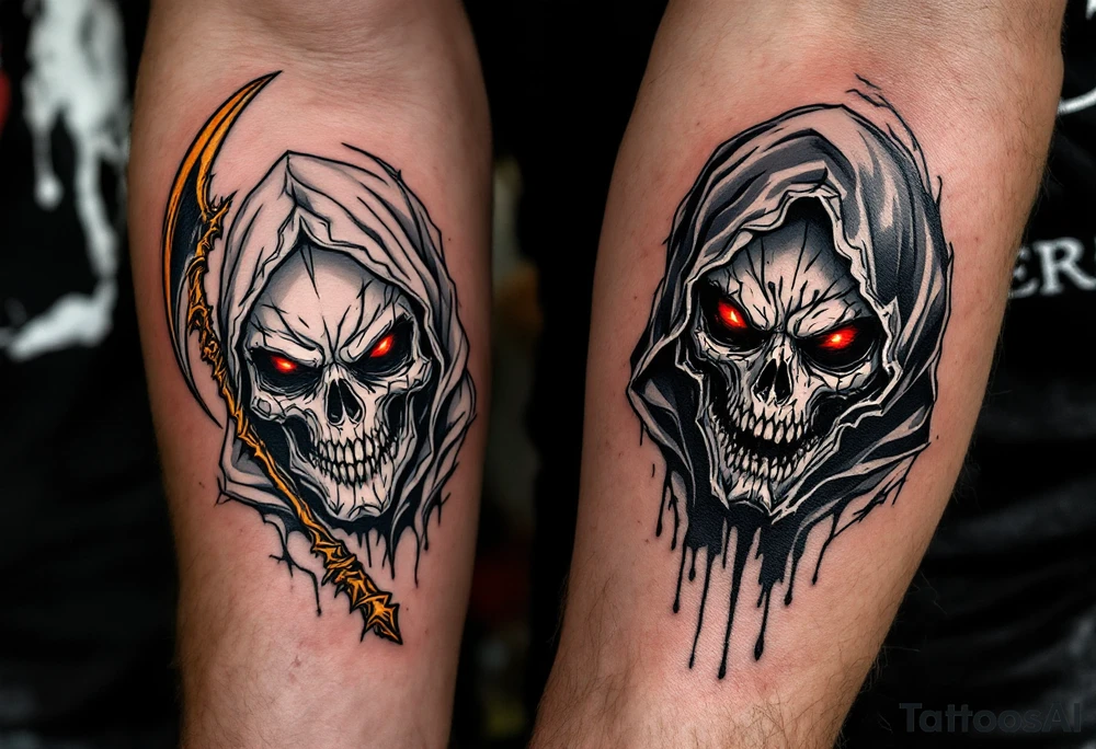 A twin Reaper design, one in all-white with a golden scythe and the other in all-black with red eyes. tattoo idea