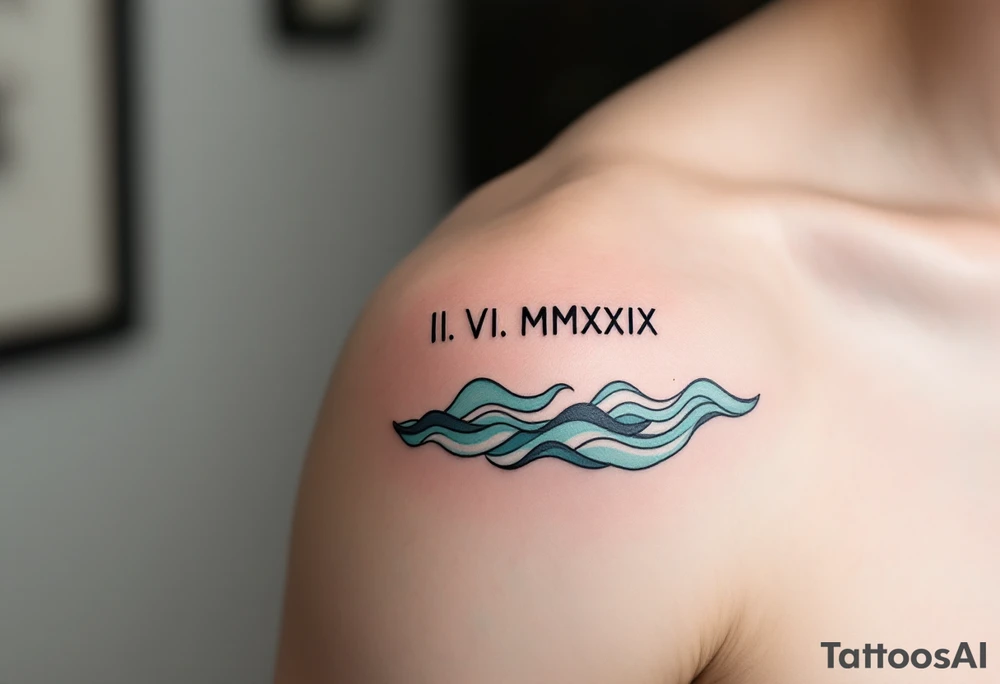 Fine-line II. VI. MMXIX in dark ink on the inner bicep, with stylized waves in desaturated teal flowing beneath. tattoo idea
