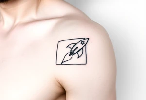 Rocket ship with a twinkling star, inside a black rectangle, shooting out of the rectangle tattoo idea