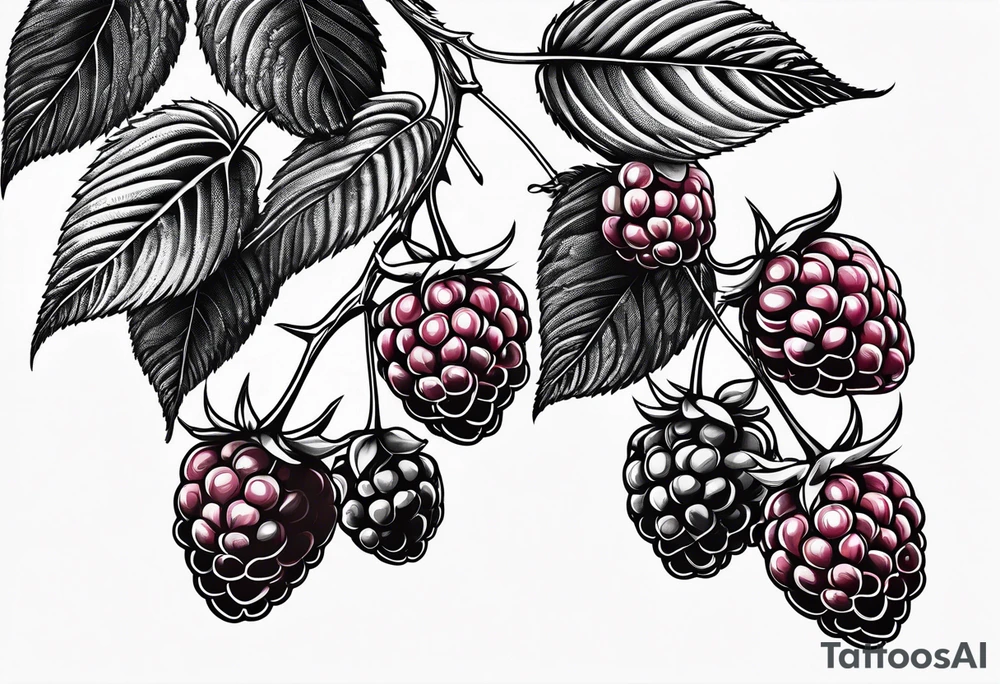 a single long raspberry branch with lots of leaves that is hanging upside down in black and white tattoo idea