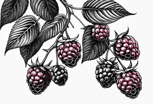 a single long raspberry branch with lots of leaves that is hanging upside down in black and white tattoo idea