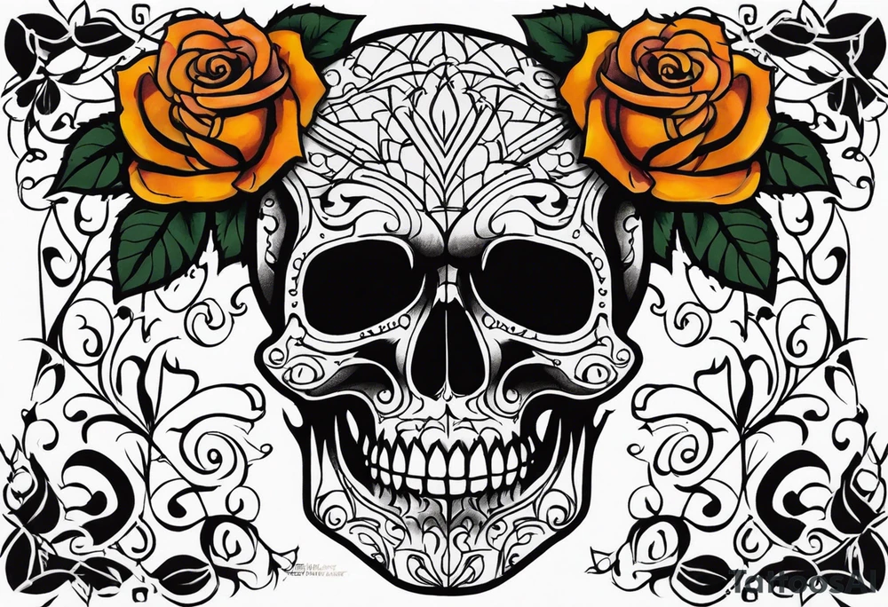 traditional Knee tattoo in fall colors showing a large skull with a rose in the style of Mark Mahoney tattoo idea