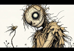 Tim Burton’s eyeless scarecrow sways under a pale gray sky, stitched in burlap brown and bound in crooked wire. tattoo idea
