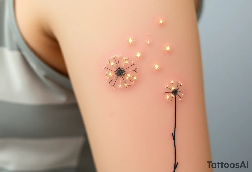 A dandelion releasing tiny seeds that turn into glowing stars, with a soft white and golden glow, symbolizing dreams and wishes for the child’s future. tattoo idea