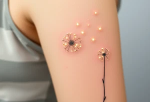 A dandelion releasing tiny seeds that turn into glowing stars, with a soft white and golden glow, symbolizing dreams and wishes for the child’s future. tattoo idea