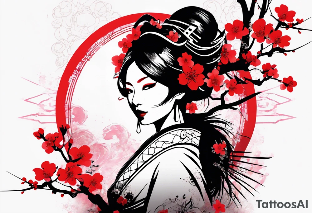 trash polka cyber geisha red sun cherry blossoms tattoo idea