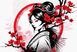 trash polka cyber geisha red sun cherry blossoms tattoo idea