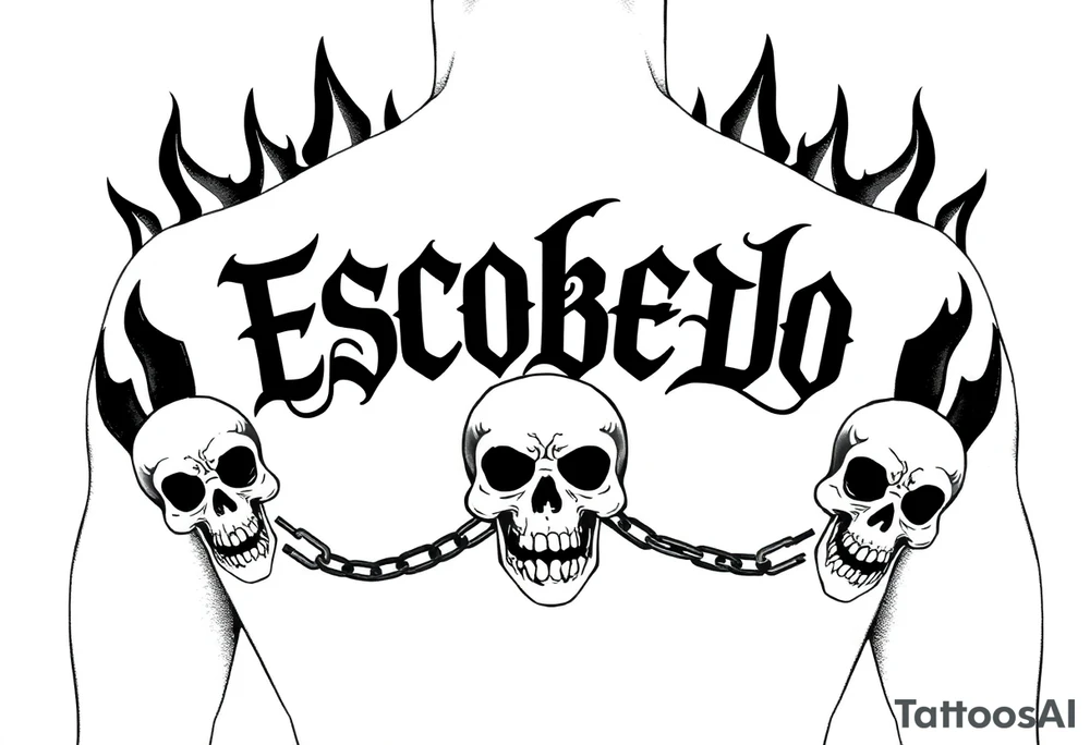 In the style of emo-gothic punk, a full upper back tattoo with the name 'Escobedo' in bold across the shoulders, untouched by surrounding elements. Black flame outlines rise behind the name, symmetrical and sharp, with no shading or grayscale. Chains loop through flame gaps in clean, flowing black lines. Cracked skull on the left shoulder blade, snarling skull in the center spine area, screaming or laughing skull on the right shoulder blade—each with Aztec or Chicano-style forehead patterns. All linework only, no color, stencil-ready, forming a halo of fire, death, tattoo idea