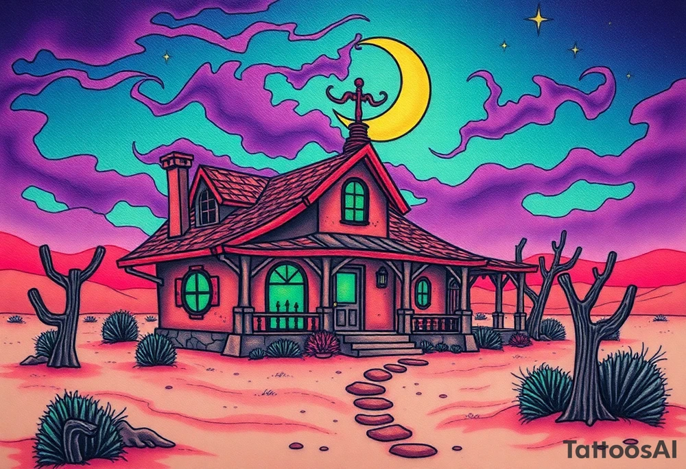 Tim Burton’s haunted desert bungalow is abandoned and dripping with muted reds, dusty pinks, and eerie green glow.purple and cyan smokey clouds swirl in the crescent moonlit sky thats sprinkled with stars tattoo idea tattoo idea