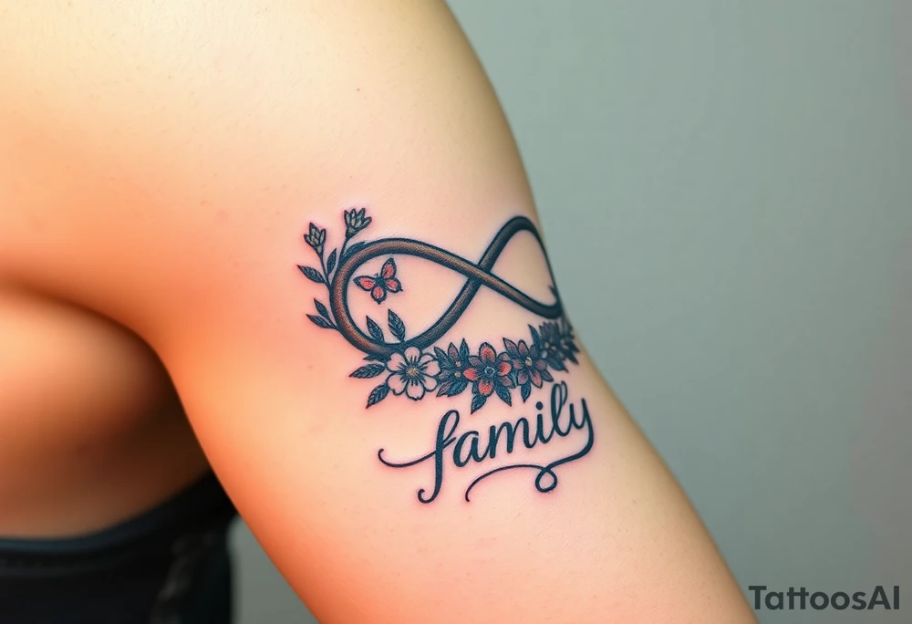 An infinity symbol surrounded by a wreath of wildflowers, with the word "family" flowing beneath tattoo idea