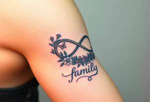 An infinity symbol surrounded by a wreath of wildflowers, with the word "family" flowing beneath tattoo idea