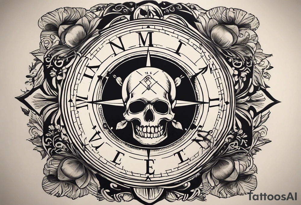 I want it to be a half-sleeve to go from shoulder to elbow. The centerpiece would be the "Memento Mori" phrase in bold traditional lettering, with a skull and hourglass design representing death and the passage of time. Surrounding the Memento Mori design, incorporate a traditional nautical compass to symbolize guidance, adventure and your life's journey. Add nautical ropes, an anchor, and ocean waves to reinforce the seafaring theme. On the shoulder area, include traditional tattoo imagery of a guitar intertwined with roses to represent your love of rock music. The roses could have a skull design in the center to tie into the Memento Mori theme. On the elbow area, feature classic hot rod flames licking up the forearm in the traditional bold style. You could include piston designs or other car elements within the flames. tattoo idea