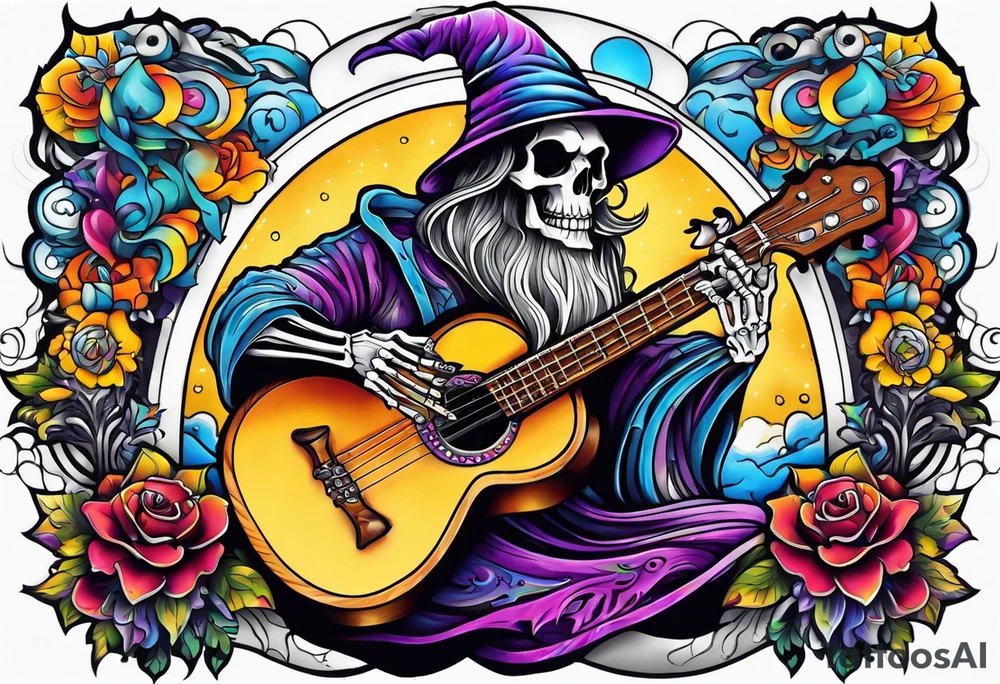 Wizard skeleton with guitar tattoo idea