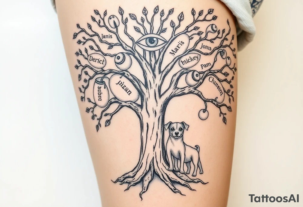 Hippy beech tree full of life. 
Jamie, Derek, Iris, John, bill, Winnie names in the roots, Mavis, Garhi, Mickey, Pam, Lucy, in the branches at the top. Names can be in Hebrew. 
Three dogs a Rhodesian Ridgeback, King Charles cavalier and chihuahua. 
Prett, feminine ornate. Boxing gloves hanging from tree maybe with an all seeing eye overseeing it all. Must be feminine and pretty tattoo idea