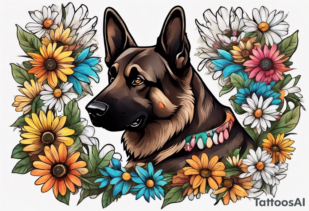 Dark Brown German shepherd portrait surrounded by  colorful daisies tattoo idea