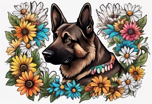 Dark Brown German shepherd portrait surrounded by  colorful daisies tattoo idea