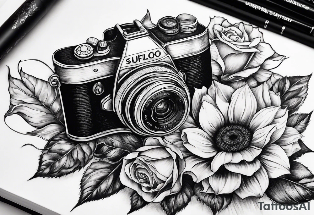 Book, sunflower, camera, butterfly, flower rose tattoo idea Book, sunflower, camera, butterfly, flower rose tattoo idea