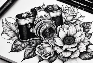 Book, sunflower, camera, butterfly, flower rose tattoo idea