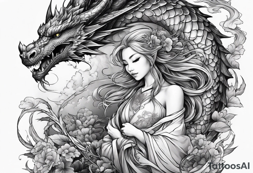 fairy and a dragon in the background tattoo idea
