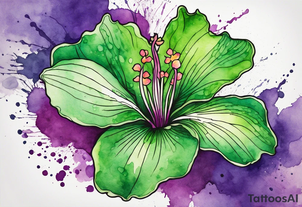 An outline of an only green rio dipladenia flower and a green and purple watercolor splash in the background tattoo idea