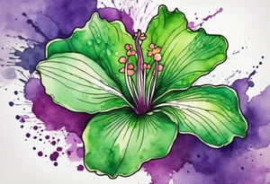 An outline of an only green rio dipladenia flower and a green and purple watercolor splash in the background tattoo idea