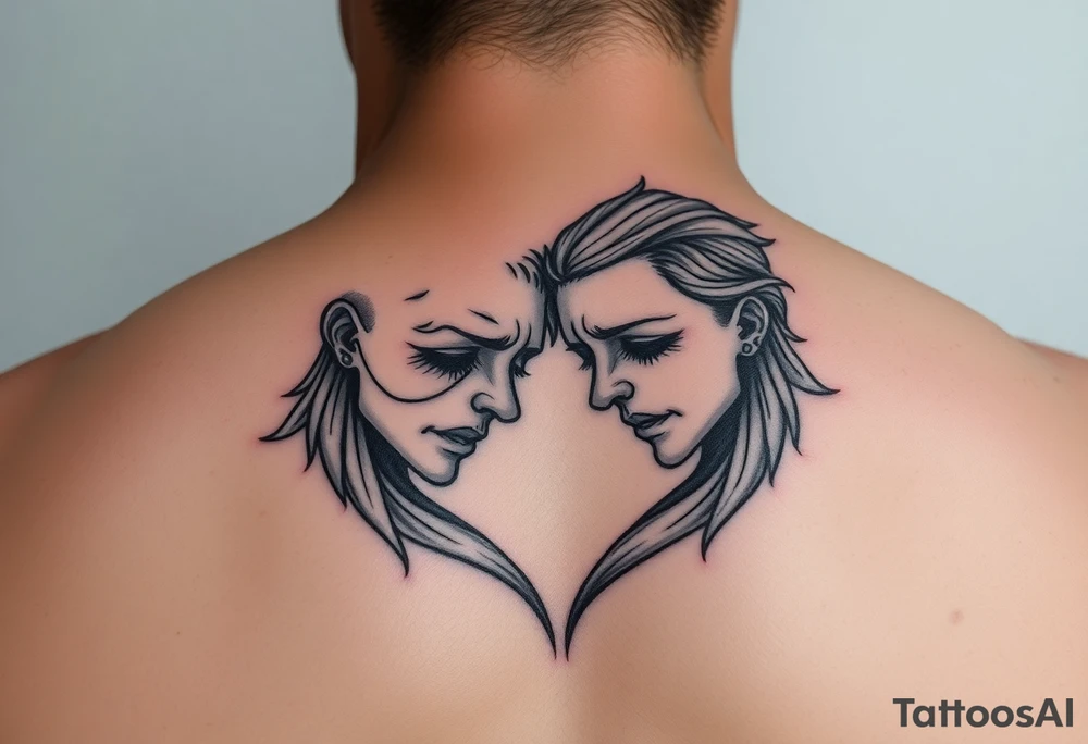 Two sad souls merging into one representing happiness and united love tattoo idea